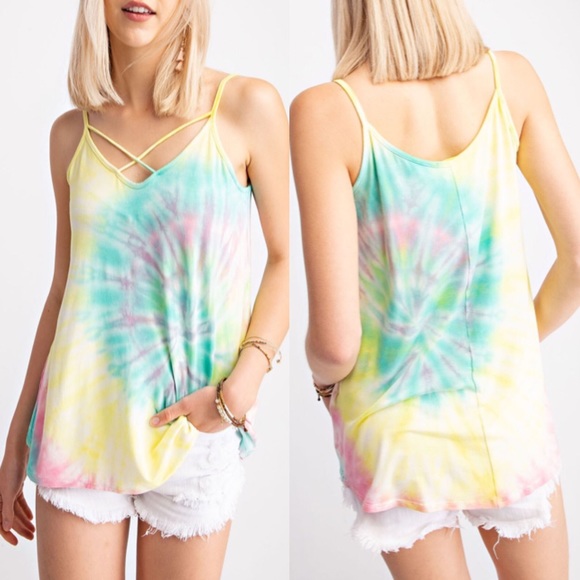 Tie Dye Criss Cross Strap Yellow Teal Tank Top! - Picture 2 of 12